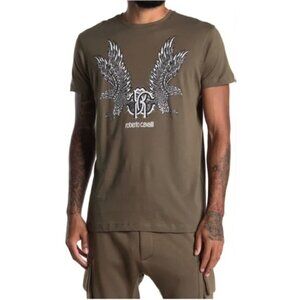 🦅 Roberto Cavalli Olive Green Graphic Print T-Shirt – Men's Luxury Designer Tee